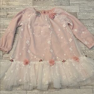 Pink Floral Embroidered Dress with Tulle